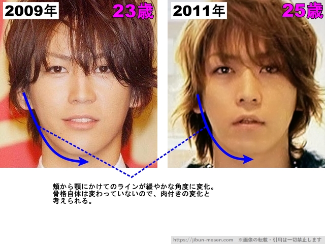 頬から顎にかけてのラインが穏やかな角度に変化。骨格自体は変わっていないので、肉付きの変化と考えられる。