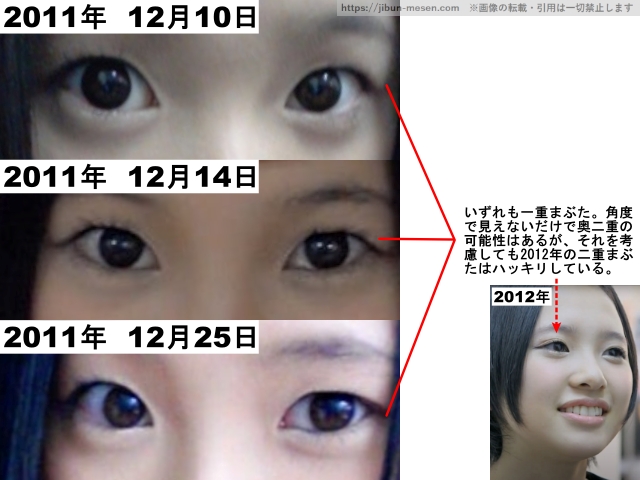 いずれも一重まぶた。角度で見えないだけで奥二重の可能性はあるが、それを考慮しても2012年の二重まぶたはハッキリしている。