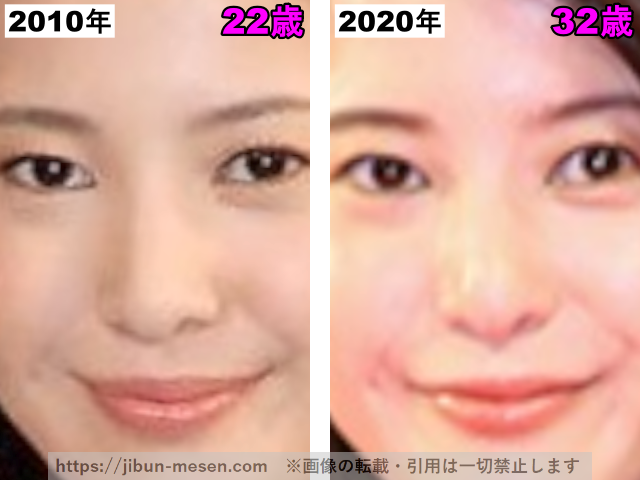 吉高由里子の鼻の比較2010年〜2020年（拡大）の画像