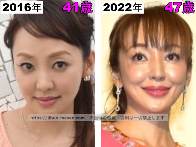 神田うのの頬の比較2016年〜2022年の画像