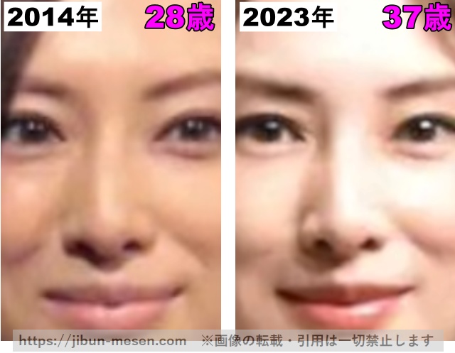 北川景子の鼻の整形検証2014年〜2023年（拡大）の画像