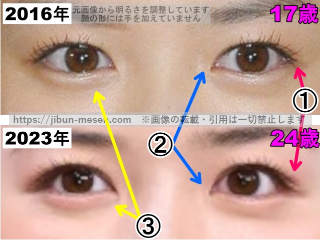 永野芽郁の目の整形検証2016年～2023年（拡大）の画像