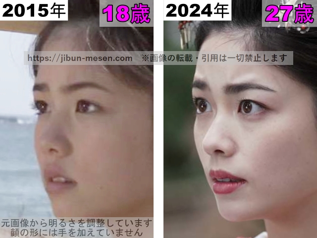 小芝風花の鼻の整形検証2015年〜2024年（横顔）の画像