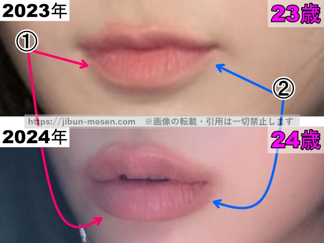 ジゼルの唇のメイクの比較2023年〜2024年（拡大）の画像