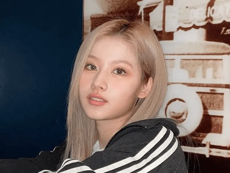 金髪にラフな格好のTWICEサナ