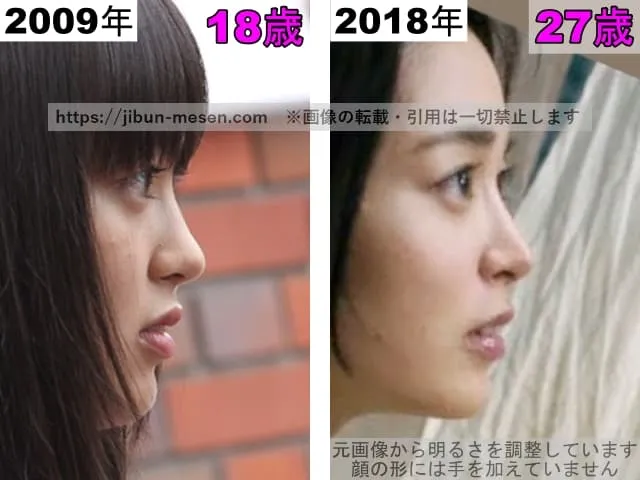 朝倉あきの鼻の整形検証2009年〜2018年（横顔）