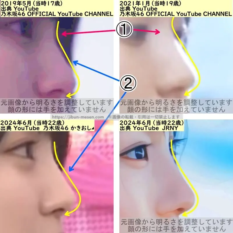 賀喜遥香の鼻の整形検証2019年〜2025年(横顔・拡大)