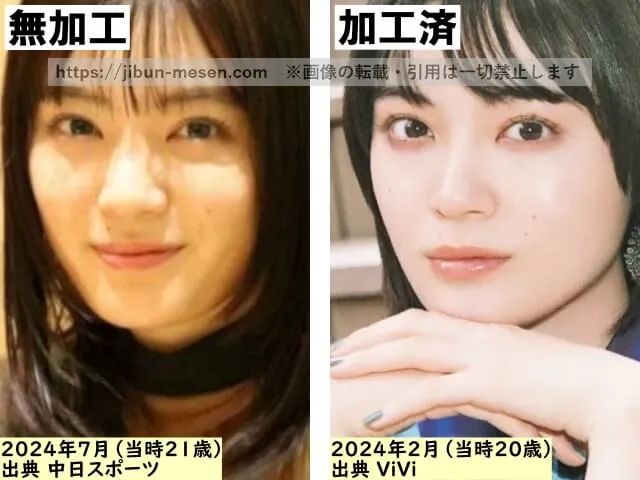 吉田美月喜の顔の加工・無加工の比較