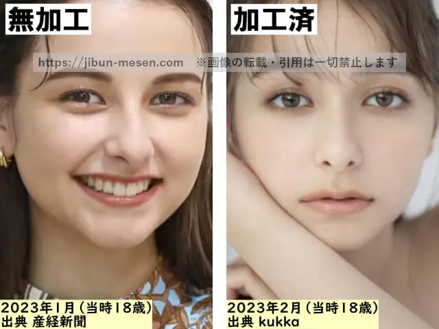 嵐莉菜の顔の加工・無加工の比較