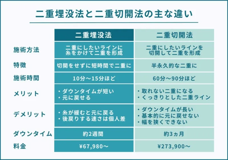 二重埋没法と二重切開法の違い（出典：水の森美容クリニック公式サイト）