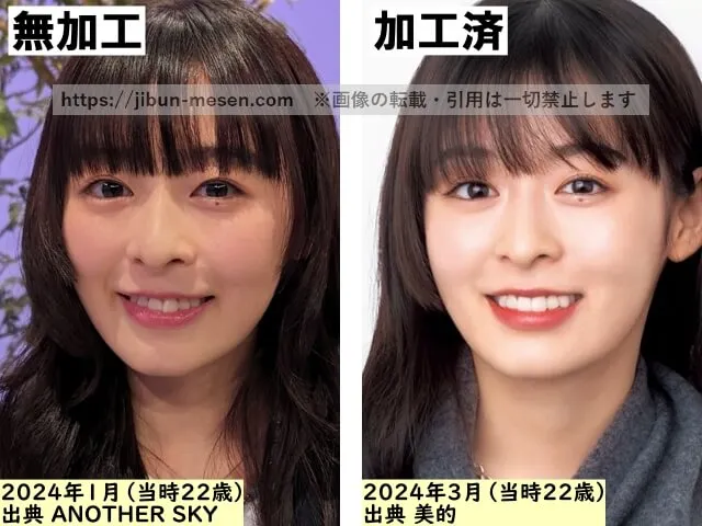 森七菜の顔の加工・無加工の比較