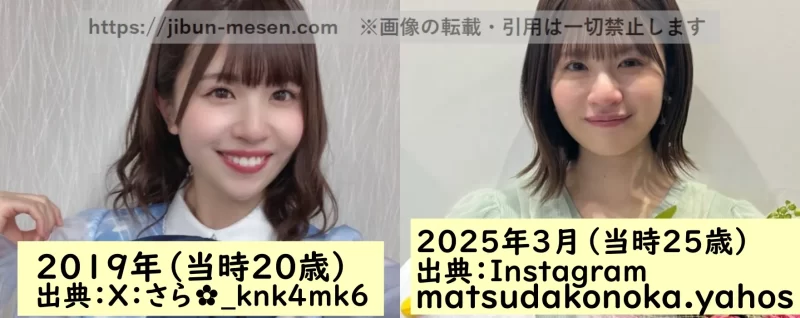 松田好花の2019年（左）と2025年（右）の比較画像