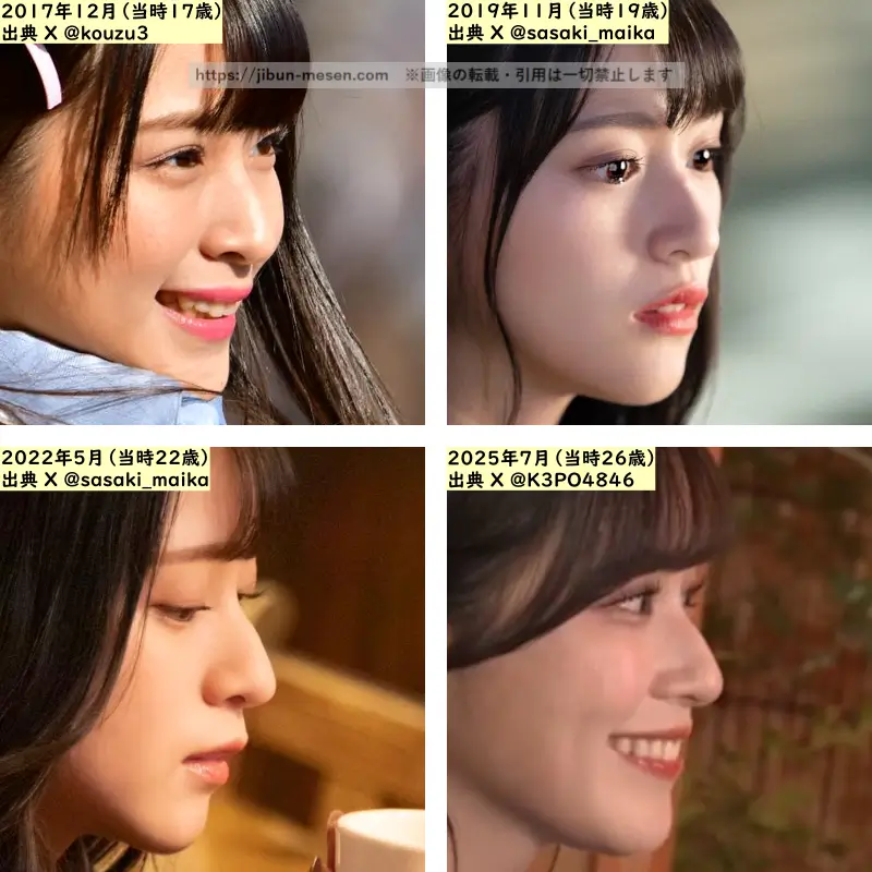 佐々木舞香の鼻の整形検証2017年~2025年(横顔)の画像