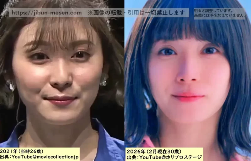 松岡茉優の輪郭の比較画像2021年~2026年の画像
