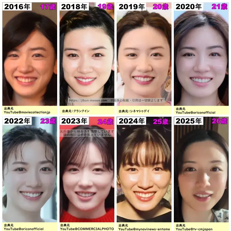 永野芽郁の顔の経年変化2016年~2025年の画像